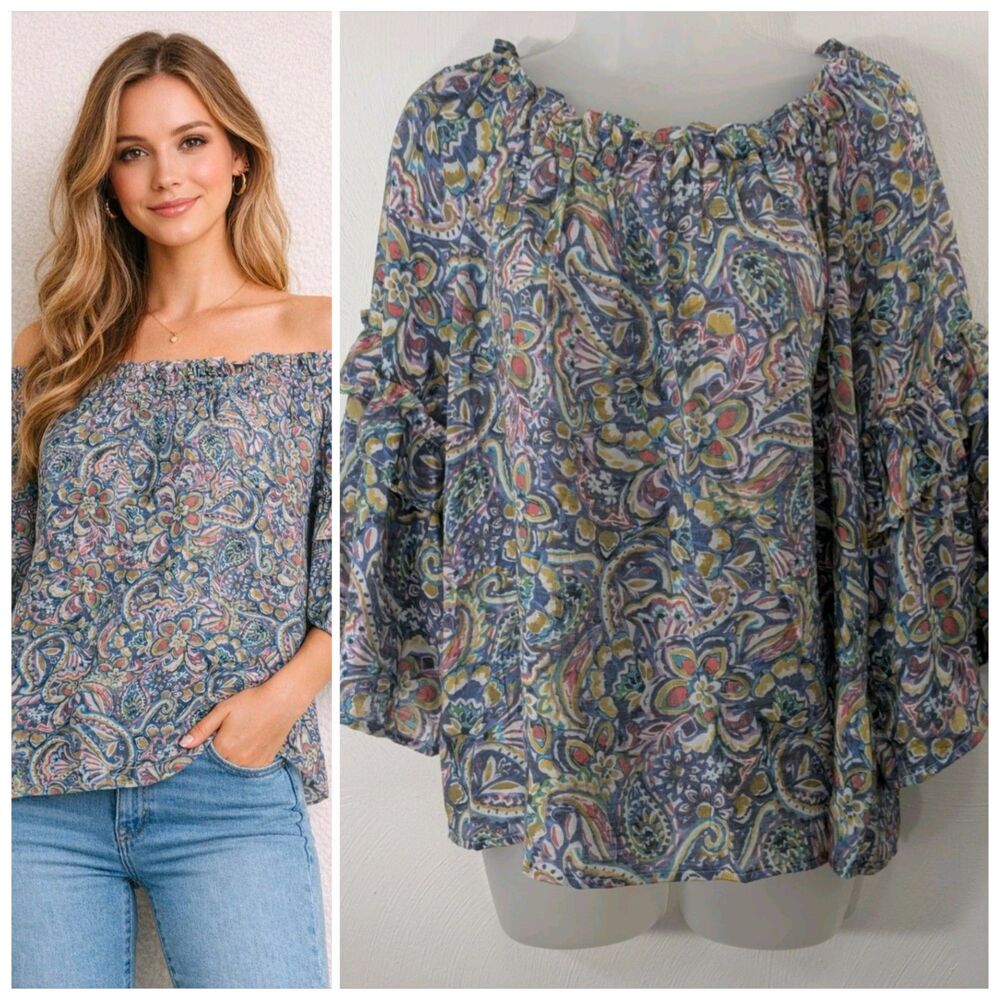 New Boho Large Off Shoulder Ruffle Blouse Romantic Bohemian Peasant Watercolor